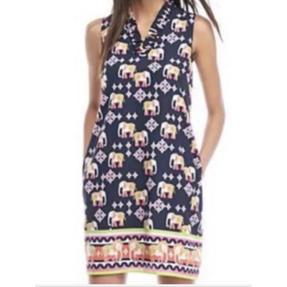 Crown & Ivy Navy Blue Pink White Green Sleeveless Elephant Mini Dress, 8P